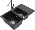 MEXEN/S - Gaspar granitový dřez 1.5 s odkapávačem včetně baterie Flora, černá/stříbrná 6507-73-670401-00