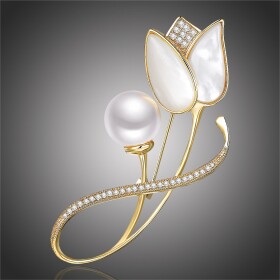 Brož s perlou a zirkony Colette - tulipán, Zlatá