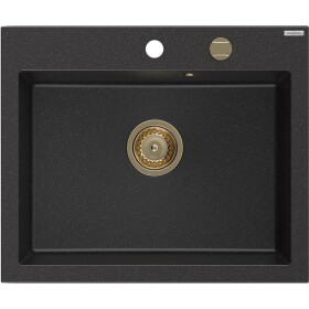 MEXEN/S - Elix granitový dřez 1-miska 600 x 500 mm, černá/stříbrná metalik, sifon zlatá 6525601005-73-G