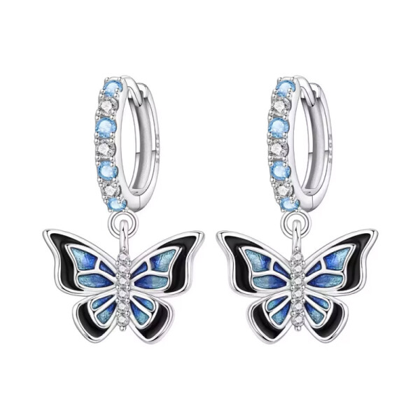 Stříbrné náušnice Motýl v modro-černém designu - stříbro 925/1000, Modrá