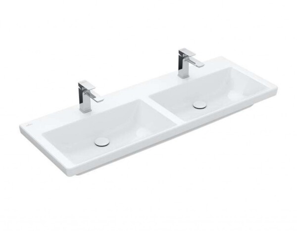 VILLEROY & BOCH - Subway 3.0 Dvojumyvadlo nábytkové 130x47 cm, bez přepadu, otvory pro baterie, CeramicPlus, Stone White 4A71D1RW