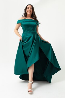 Lafaba Dámské smaragdově zelené plus velikosti saténové večerní šaty a plesové šaty s lodičkovým límcem