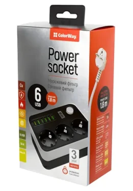 Colorway Prodlužovací přívod / Prodlužovací kabel / 3x Schuko / 6x USB 5V / 1,8 m (CW-CHE36B)