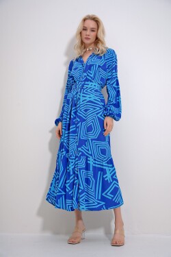 Trend Alaçatı Stili Women's Blue Magnifying Collar Buttoned Front Waist Belt Patterned Woven Viscose Dress