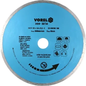 Vorel Kotouč diamantový řezný celoobvodový 180x22,2 mm / Řezný kotouč / plný / 1,8 mm