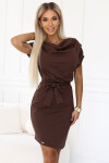 240-9 ROXI šaty s asymetrickou sukní a páskem - CHOCOLATE S