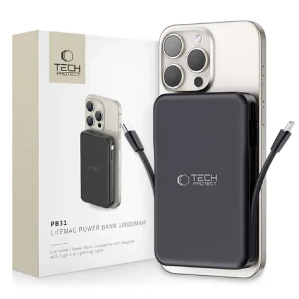 Tech-Protect LifeMag PB31 černá / Powerbanka / MagSafe / 10000mAh / USB-C / USB-A / Lightning (25384-0)