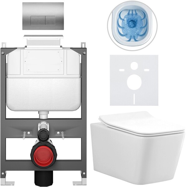CERANO Kompletní WC set Basic/Forte - bílá lesklá - WC tlačítko Modulo/Stříbrná - ovládání shora - předstěnová instalace - 51x36 cm
