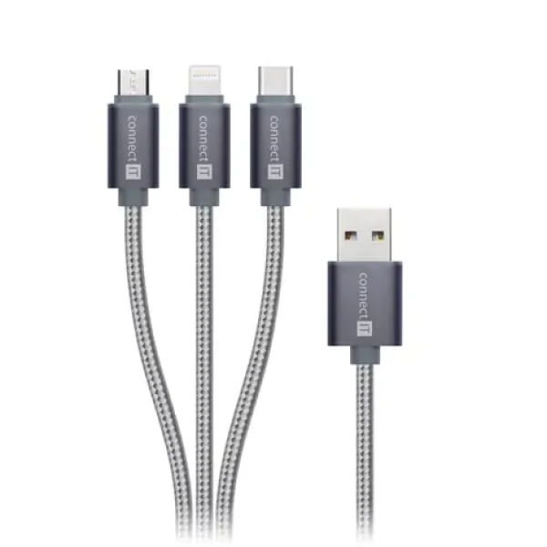 CONNECT IT Wirez 3in1 USB-C Micro USB Lightning 1.2m stříbrno-šedá (CI-1229)