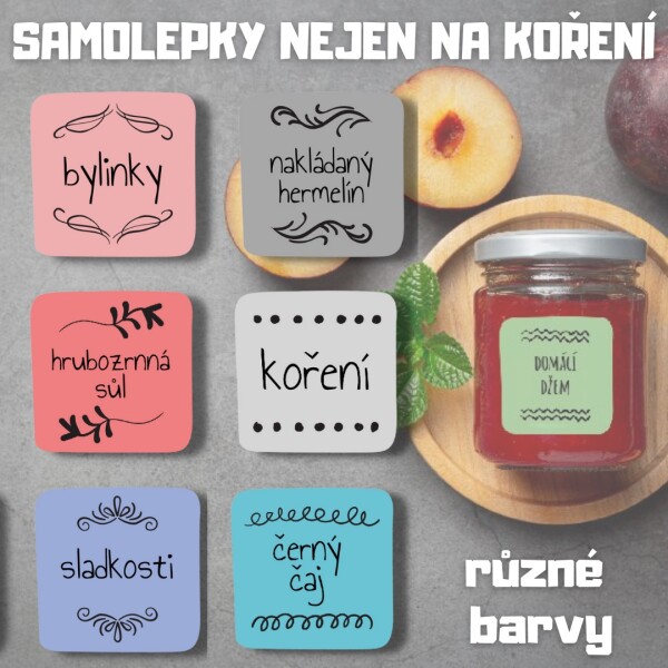 12x Štítky na kořenky ČTVEREC SADA i samolepky do kuchyně 40x40 mm, voděodolné, vlastní text, velký výběr barev