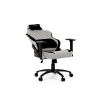 Herní křeslo, stříbrná látka, houpací mechanismus, polohování opěradla 90°-180°, 3D područky, polštáře z paměťové pěny,