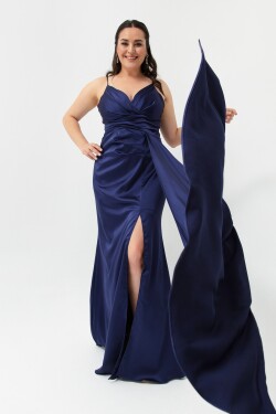 Lafaba Dámské námořnická modř Plus Size Dlouhé saténové večerní šaty promoční šaty
