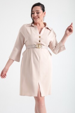 Lafaba Women's Beige Gold Button Detailed Plus Size Dress