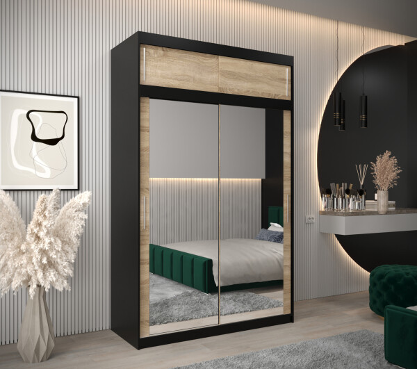 Šatní skříň Abi T3 s nástavcem Barva korpusu: Černá, Rozměry: 150 cm, Dveře: Dub - sonoma
