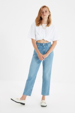 Trendyol modré nažehlovací rovné džíny s vysokým pasem