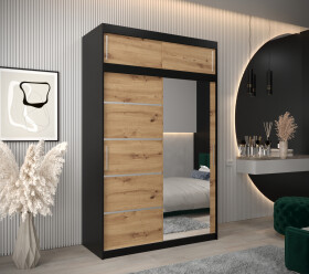 Šatní skříň Abi V2 s nástavcem Barva korpusu: Černá, Rozměry: 150 cm, Dveře: Dub artisan