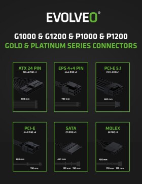 EVOLVEO G1000, zdroj 1000W, 80+ GOLD, ATX 3.1, aPFC, 140 mm ventilátor, plně modulární, záruka 3 roky, černý