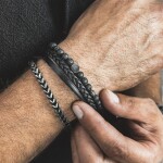 Pánský kožený náramek s lávovým kamenem José - chirurgická ocel, Černá 21 cm