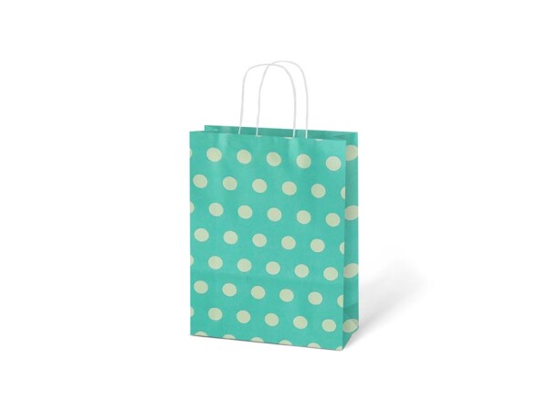 Papírová dárková taška světle modrá s bílým puntíkem 27 cm Papírová dárková taška světle modrá s bílým puntíkem 27 cm