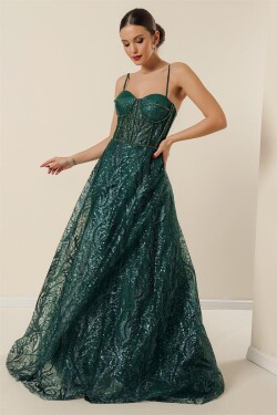 By Saygı Rope Strap Bead Detailed Lined Sequins And Silvery Underwire Long Dress Emerald