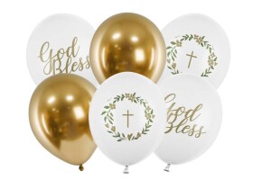 PartyDeco balónky bílé a zlaté God Bless (6 ks) svaté přijímání