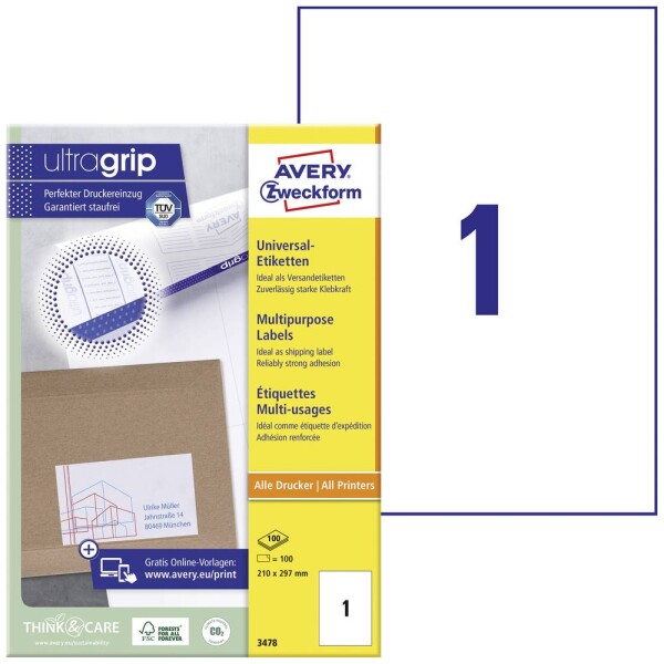 Avery-Zweckform 3478 univerzální etikety 210 x 297 mm papír bílá 100 ks trvalé inkoustová tiskárna, laserová tiskárna, barevná laserová tiskárna, kopírka,