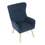 Křeslo, potah modrá manšestrová látka, dřevěné nohy, masiv kaučukovník