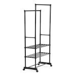 Stojan na šaty dvouramenný se třemi policemi, černá barva, kov / plast, chrom