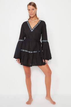 Trendyol Černé páskové mini tkané volánkové plážové šaty ze 100% bavlny