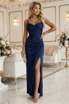 647-2 Přiléhavé dlouhé maxi šaty s obálkovým výstřihem a rozparkem - tmavě modré UNI