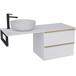 CERANO - Koupelnová skříňka Velora - bílá matná, úchytka zlatá + deska pod umyvadlo z lit. mramoru Elanys - 12 mm + konzole černá - 140x54,2x46,5 CER-679372