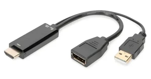 Digitus redukce HDMI A - DisplayPort 4K 0,2 m černá / Redukce / 30 Hz / USB-A napájení / pozlacené konektory (AK-330101-002-S)