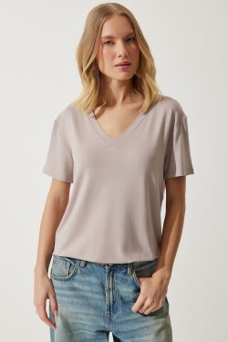 Happiness İstanbul Women's Mink V-Neck Basic Viscose Knitted T-Shirt