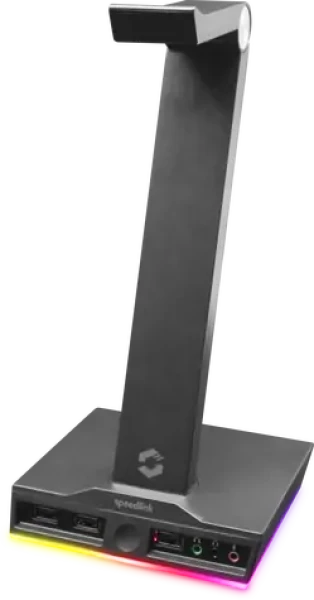 EXCELLO Illuminated Headset Stand černá / stojánek na sluchátka / 3x USB-A 2.0 / 2x 3.5mm Jack / RGB (SL-800910-BK)