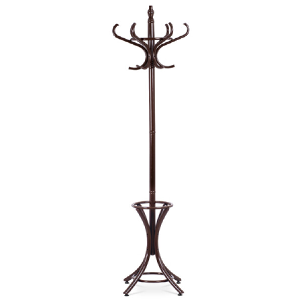 Věšák dřevěný stojanový, masiv topol a bříza, tmavě hnědý lak, výška 185 cm