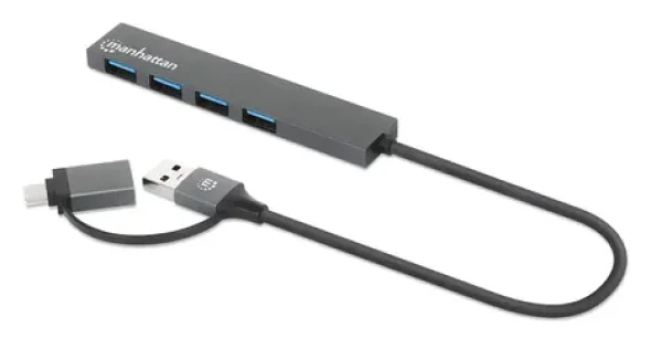 Manhattan Kombo-hub USB-C/USB-A šedá / USB hub / 4x USB-A / USB 3.2 Gen 1 / 5 Gbit/s / Bus Power (181006)