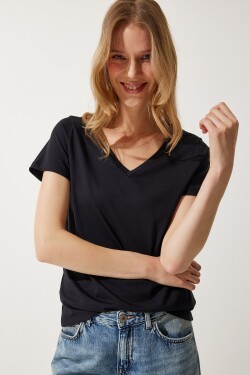 Happiness İstanbul Women's Black Neck Basic Knitted T-Shirt