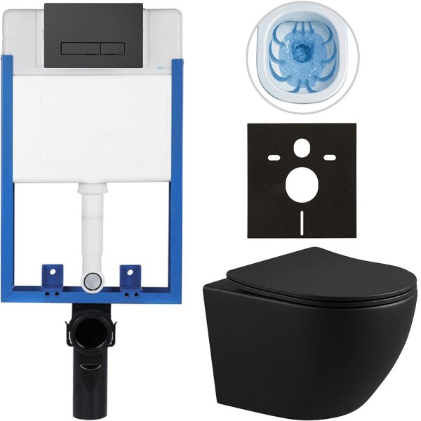 CERANO Kompletní podomítkový WC set Lite/Cesso - černá matná - WC tlačítko Slim, černé matné - k zazdění - 49x36 cm - 8050BD47