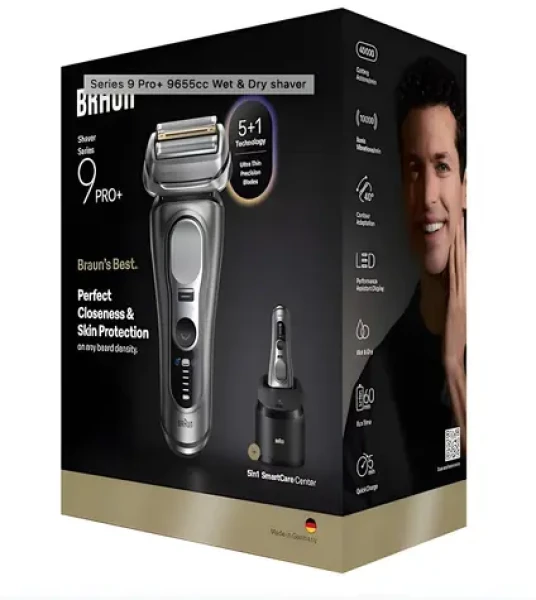 Braun Series 9 Pro+ 9655cc šedá WetDry / Holicí strojek / Pánský / Planžetový / 60 min provoz / Rychlonabíjení (554374)