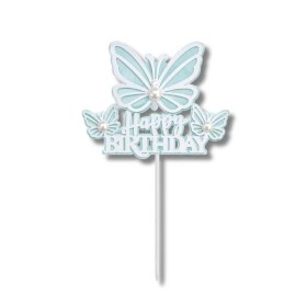 Dortisimo Zápich do dortu Happy Birthday s perlami a motýly modrý (1 ks)