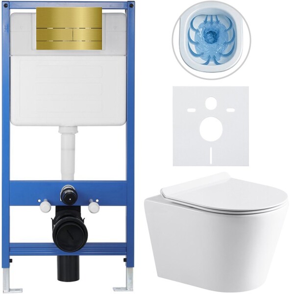 CERANO Kompletní podomítkový WC set Lite/Carlito - bílá lesklá - WC tlačítko Line, zlatá - předstěnová instalace - 48,5x36,5 cm