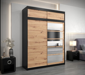 Šatní skříň Abi Ro1 s nástavcem Barva korpusu: Černá, Rozměry: 150 cm, Dveře: Dub artisan