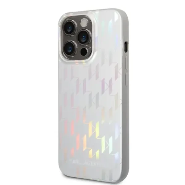Pouzdro Karl Lagerfeld Iridescent Monogram iPhone 14 Pro stříbrné