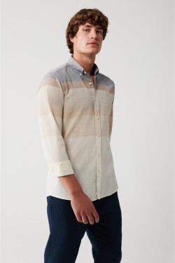 Avva Men's Gray Cotton Linen Blended Buttoned Collar Striped Slim Fit Slim Fit Shirt
