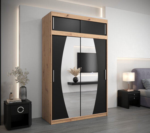 Šatní skříň Abi E0 s nástavcem Barva korpusu: Dub artisan, Rozměry: 150 cm, Dveře: Černá