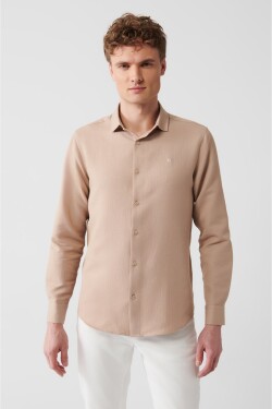 Avva Men's Beige Easy-to-Iron Classic Collar See-through Cotton Slim Fit Slim Fit Shirt