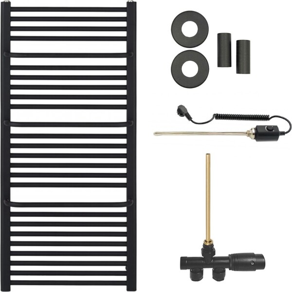 CERANO Koupelnový radiátorový set Antonio - kombinované vytápění, termo tyč - boční jednobodové připojení - 600W - černá matná - 1180x550 mm