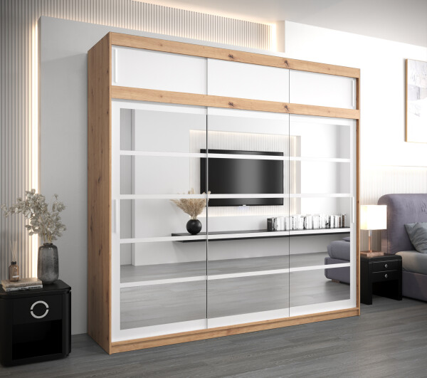 Šatní skříň Abi Ro2 s nástavcem Barva korpusu: Dub artisan, Rozměry: 250 cm, Dveře: Bílá