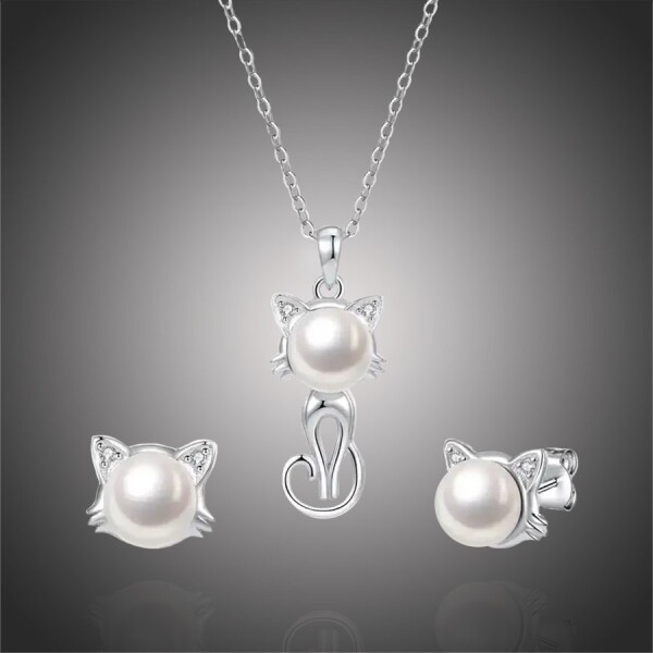Stříbrná souprava šperků Kitty, stříbro 925/1000, kočka, Stříbrná 40 cm + 5 cm (prodloužení)
