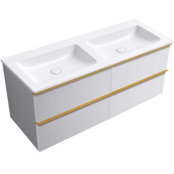 CERANO - Koupelnová skříňka Velora - bílá matná, úchytka zlatá + dvojumyvadlo z lit. mramoru Amati - bílá matná - 121x54,5x46,7 CER-559047